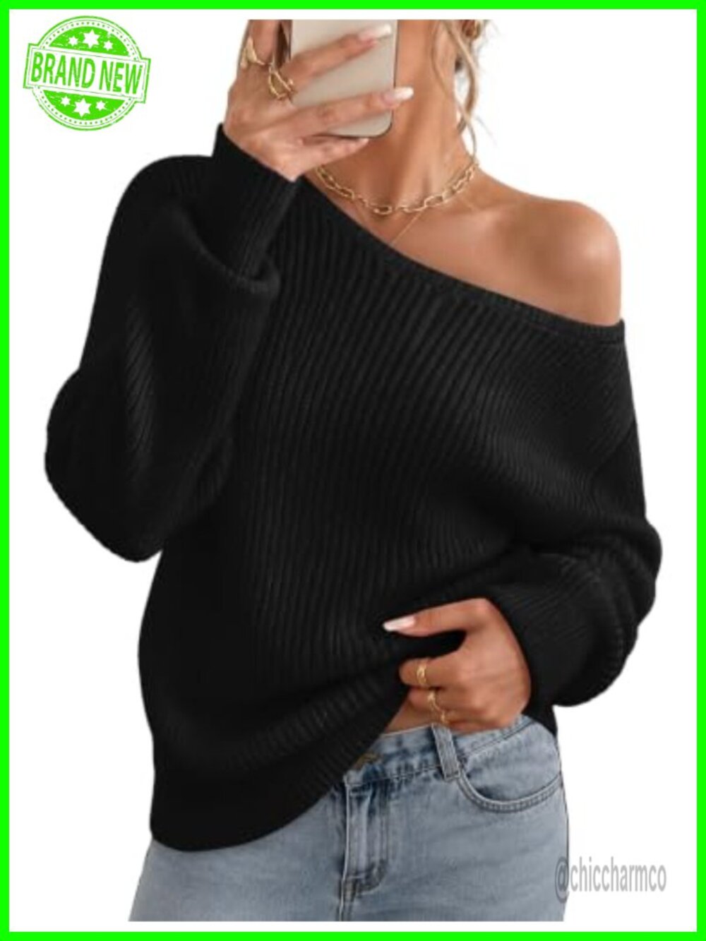 Off Shoulder Drop Shoulder Crochet Knit Sweater Long Sleeve Pullover